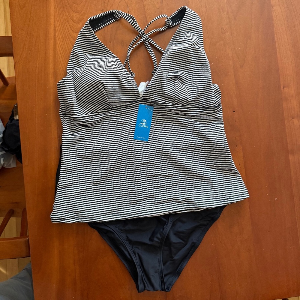 Cupshe Striped Plunging Tankini, Size Xl, Black & White